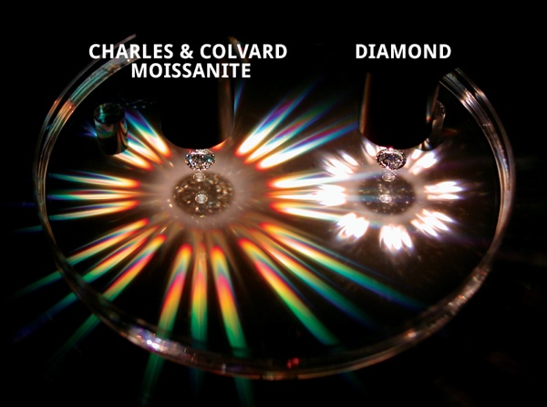 An image comparing the brightness and fire of moissanite vs. diamond. Moissanite wins.